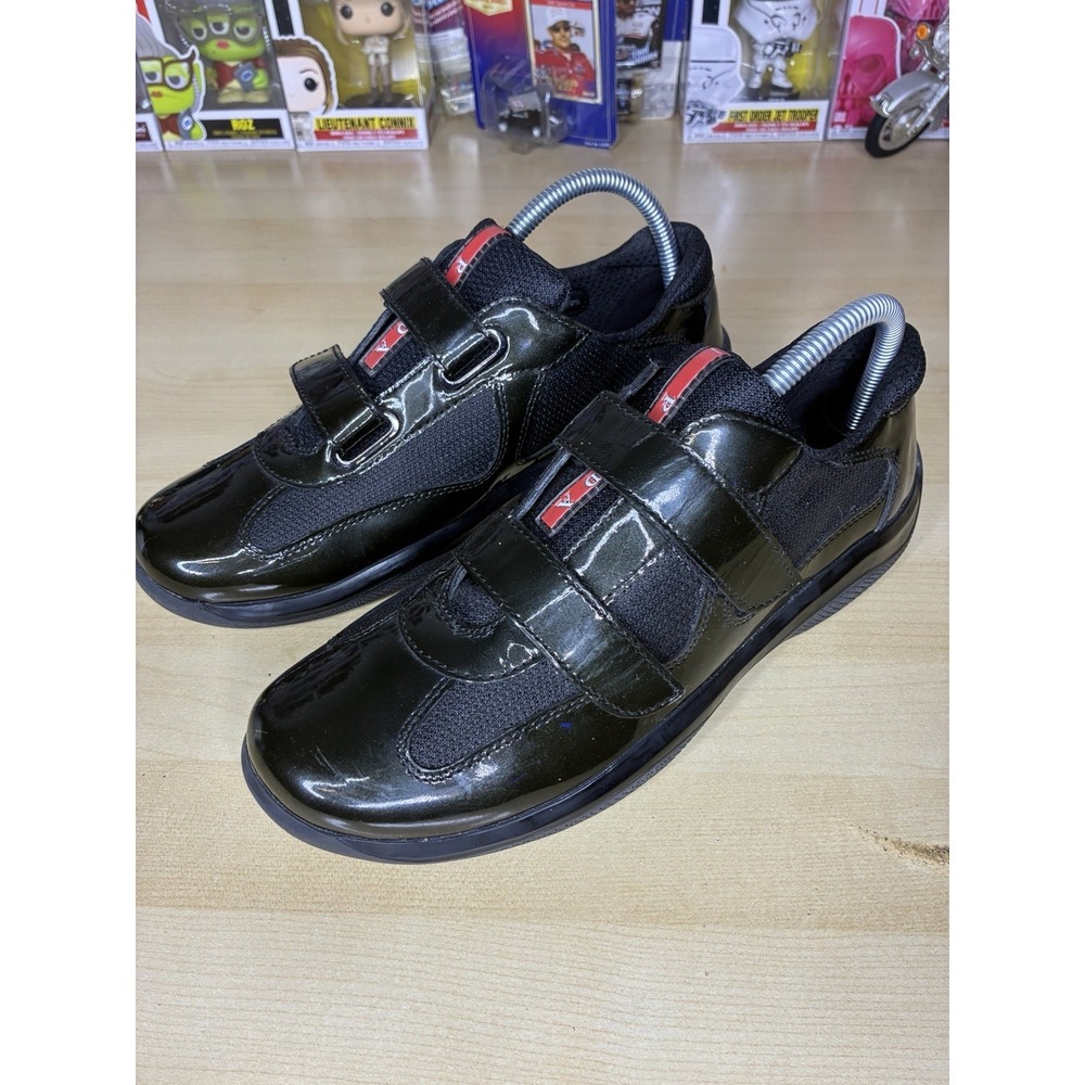 Prada Sneakers 2 Straps Americas Cup Original Patent Leather Jet Black Size 39.5